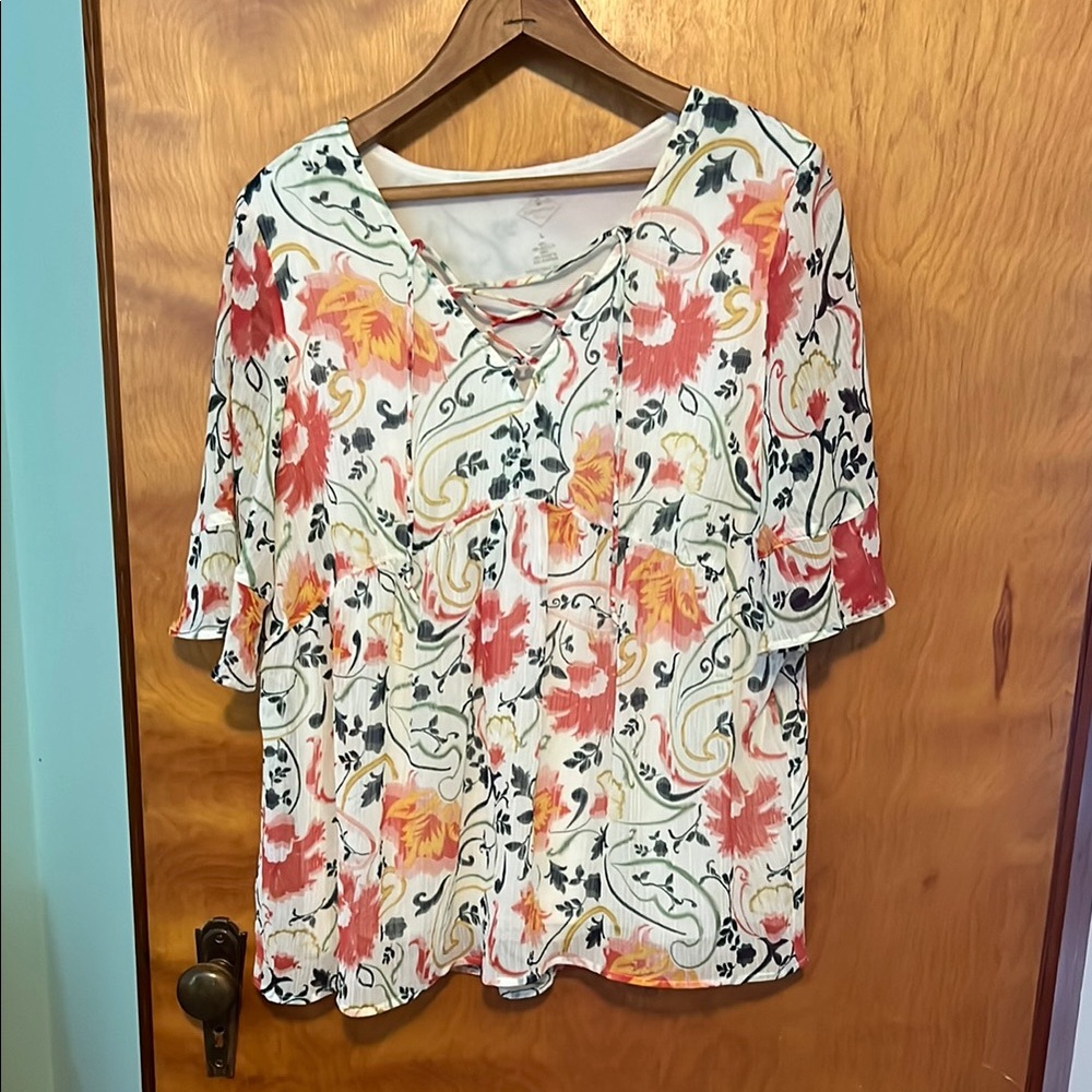 St. John's Bay Pink and Gray Floral Blouse Relaxed Fit